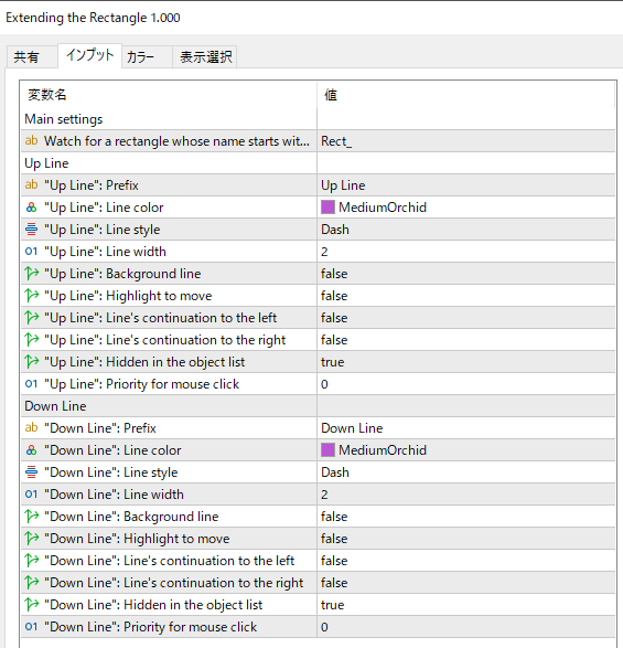 Extending the Rectangleのパラメーター設定